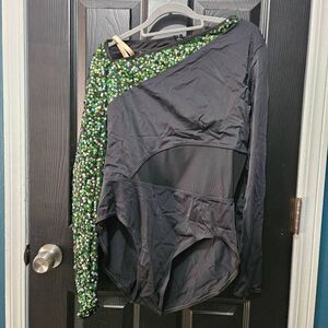Weissman NWOT adult XL dance costume jazz tap solo black green sequin leotard